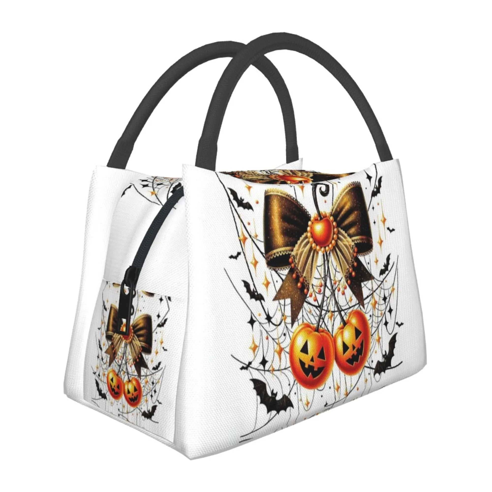 Halloween Pumpkin Bow Print Insulated Lunch Bag Reusable Thermal Cooler for Office Picnic Travel Unisex