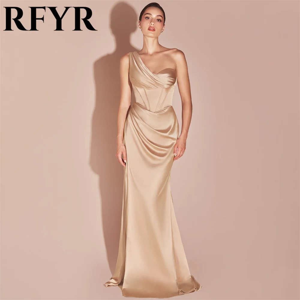 

RFYR Champagne Elegant Scoop Women Evening Dress Simple Sleeveless with Pleats Satin Trumpet Prom Formal Gowns Dress Customized