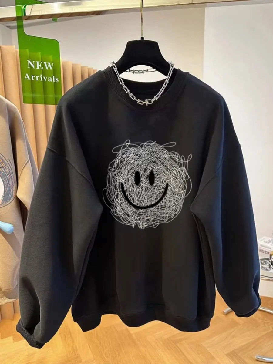 Sweat-shirt rétro américain pour femmes, grande taille 300 Pou, printemps-automne, fin, ample, petite taille, haut confortable et respirant en coton