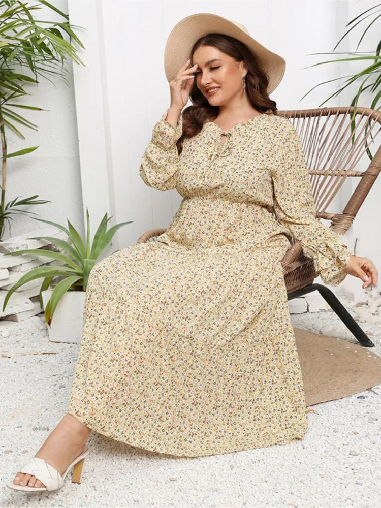 Plus Size Autumn Chiffon Floral Long Dress Women Flower Print Fashion Ruffle Pleated Ladies Dresses Long Sleeve Woman Dress 2023