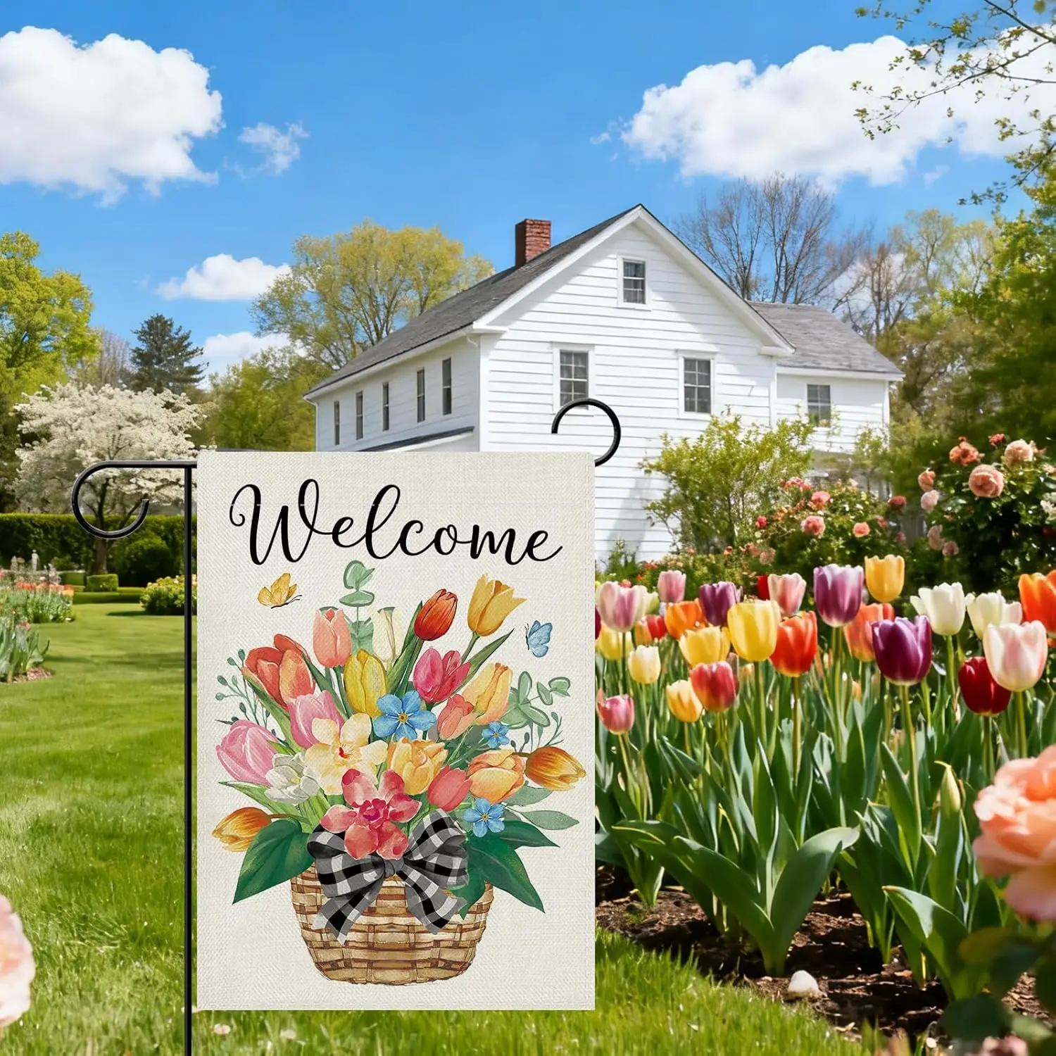 Dyrenson Welcome Spring Tulip Flower Decorative Garden Flag, Floral Basket Butterfly Botanical Yard Outside Home Decoration, PPM