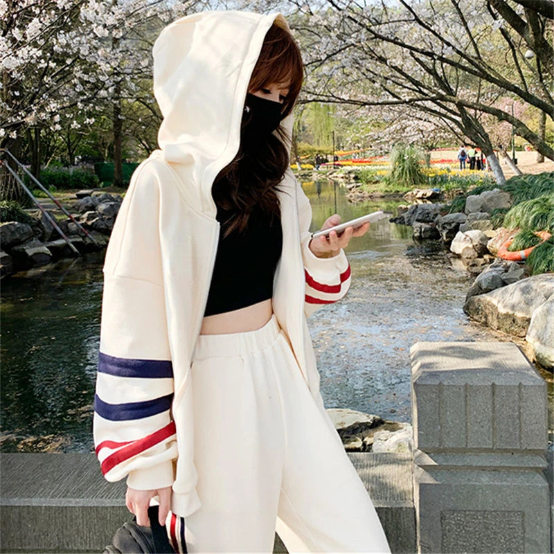 Hoodies with Zipper Hooded Tops Pants 2 Piece Set Full Zip Up Y2k Vintage Sport Female Clothes Aesthetic E Sweatshirts for Women