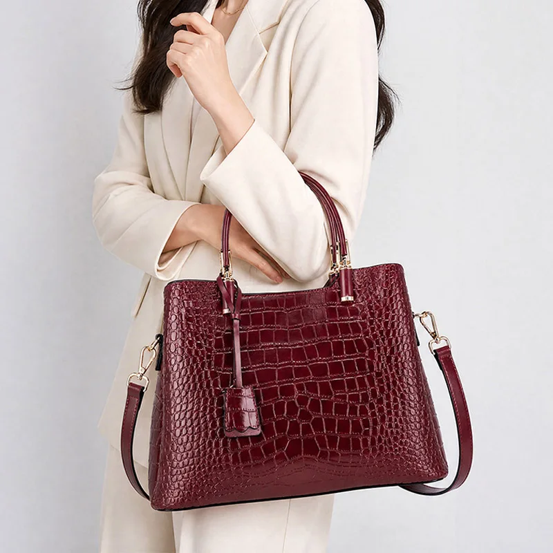 Chic Crocodile Embossed Split Leather Top‑Handle Tote Bag for Women Elegant Roomy Business Handbags Lady Timeless Crossbody Bag