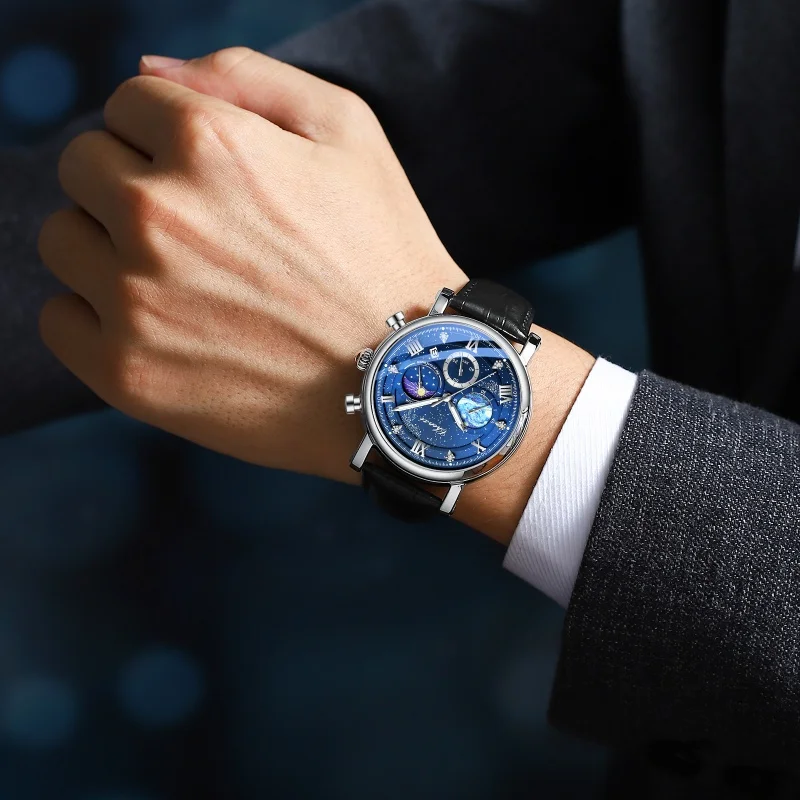 CHENghts-Montre à Quartz Élégante pour Homme, Chronographe Shoous Phase de Lune, Calendrier, Bracelet en Cuir, Étanche, Mode, 972