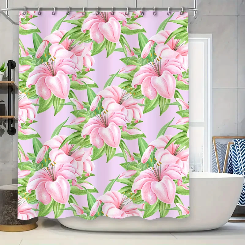 Beautiful Watercolor Flower Print Shower Curtain Pink Lily Bath Decor Privacy Room Divider Home Decoration Accessories 72x84 inc