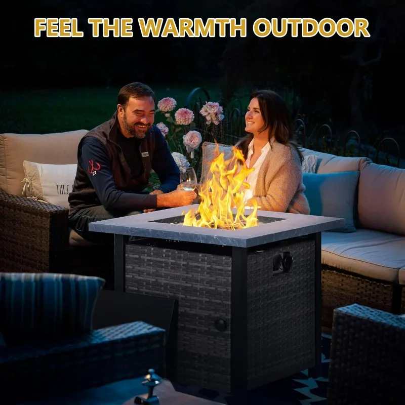 Propane Fire Pit Table 28Inch, Gas Fire Pit Table, 50,000 BTU Gas FirePits with Steel Lid, PVC Cover & Blue Fire Glass