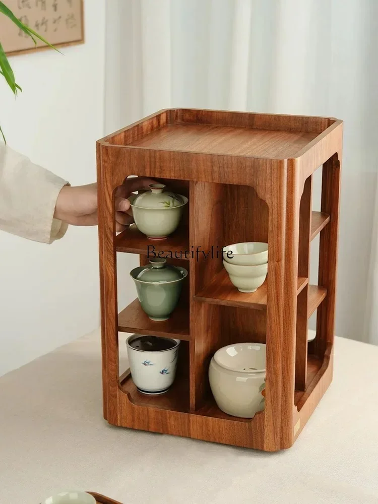 Medium and retro wabi-sabi solid wood walnut tea cabinet rotatable mobile small desktop storage rack storage