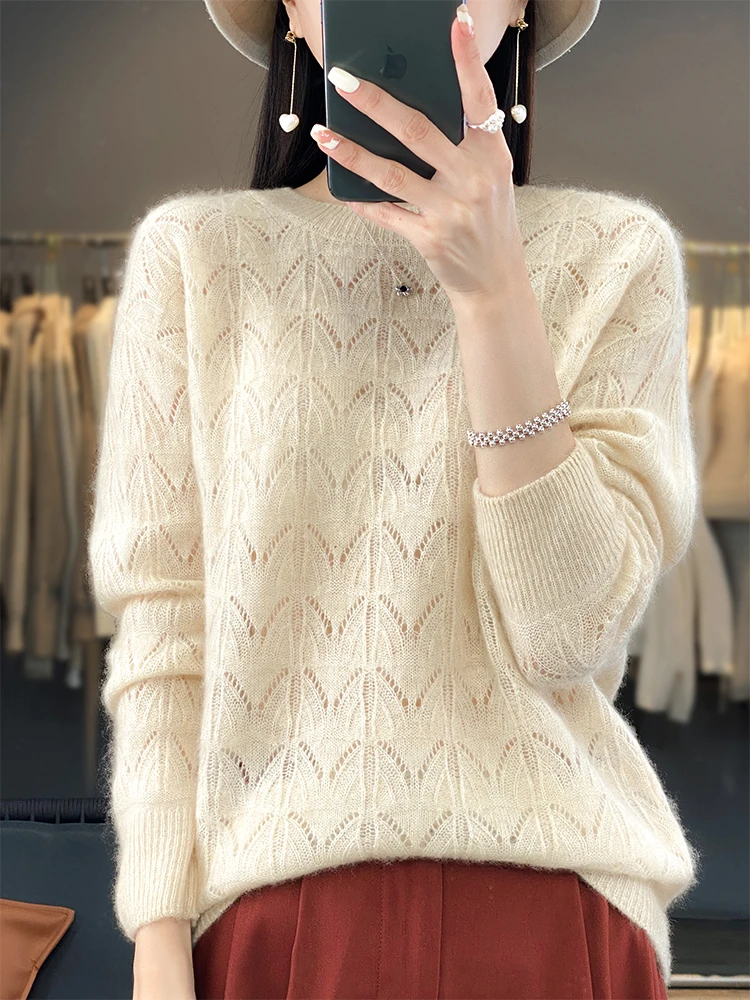 

Cozy Women's 100% Merino Wool Sweater Spring Autumn Knitwear O-Neck Pullover Hollow Out Blouse Long Sleeve Clothes Thin New Tops