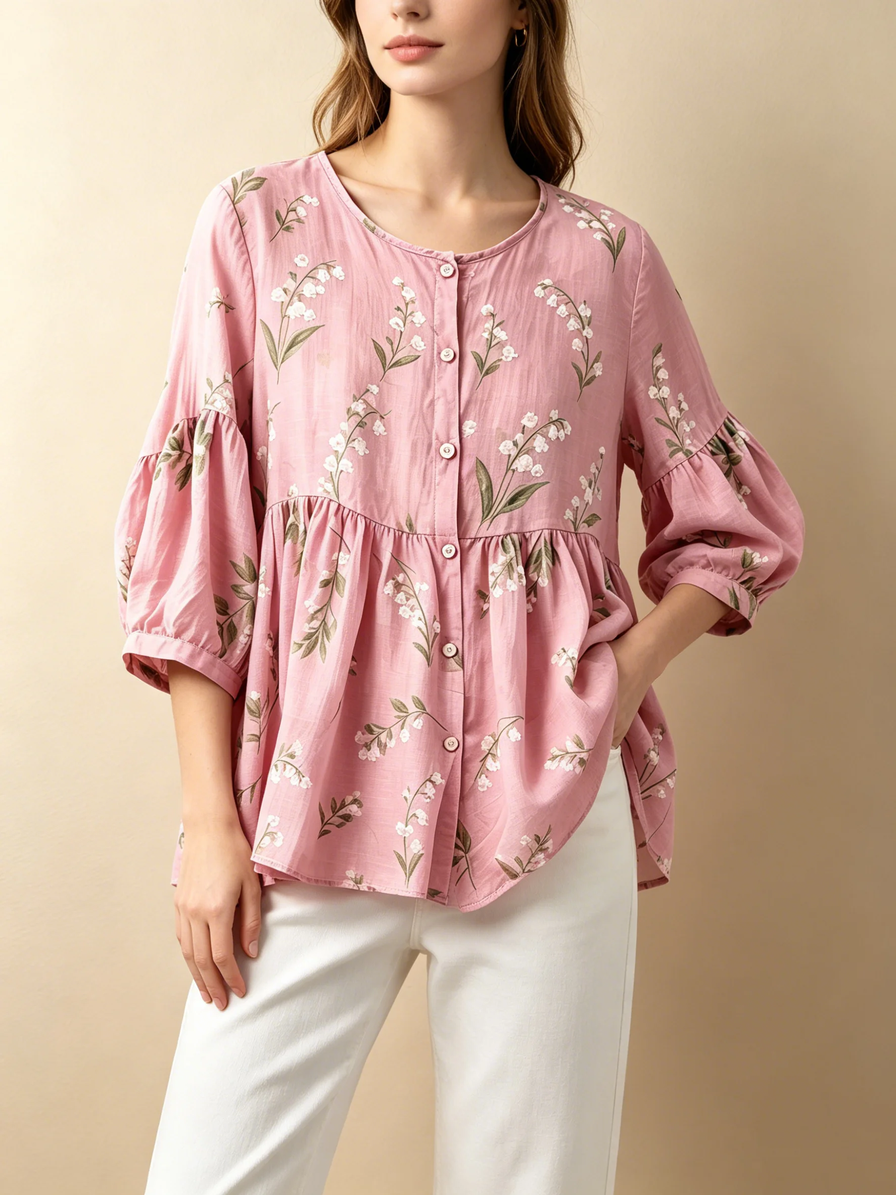 Women Cottagecore Floral Babydoll Blouse Crew Neck Button Short Lantern Sleeve Loose Soft Breathable Daily Casual Shirt
