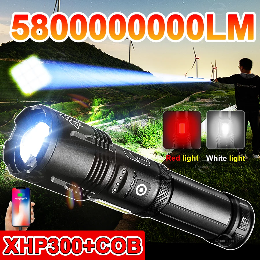 

Супермощный светодиодный фонарь XHP300+COB, перезаряжаемый, на аккумуляторах 18650/26650, яркий свет до 3000 м, тактический фонарь, кемпинговый фонарь