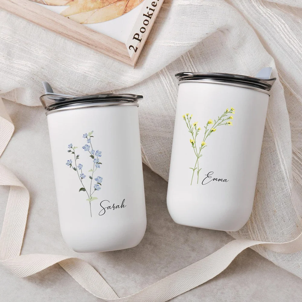 Custom Name Red Wildflower Stainless Steel Cup, Personalized Floral Print Travel Mug With Lid Customized Name Gift for Women. view 3