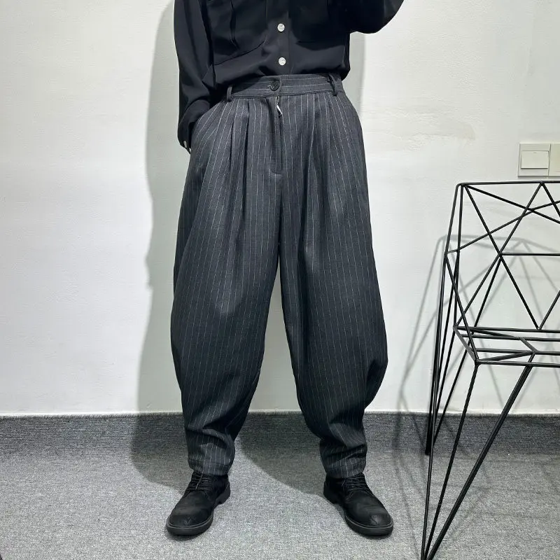 Avant-Garde Niche Fashionable Design Dark Loose Cargo Bloomers Popular Ruffle Handsome Retro Gray Striped Ankle-Tied Pants