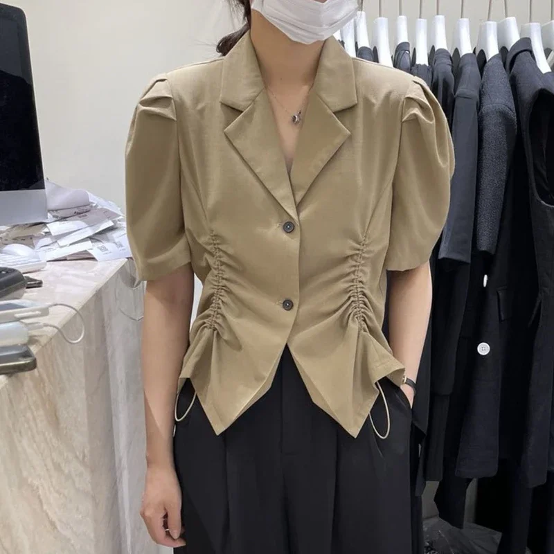 Camicie donna New Trendy French Style elegante dentellato All-match Shirring Design semplice Summer Office Ladies Tender Leisure Solid