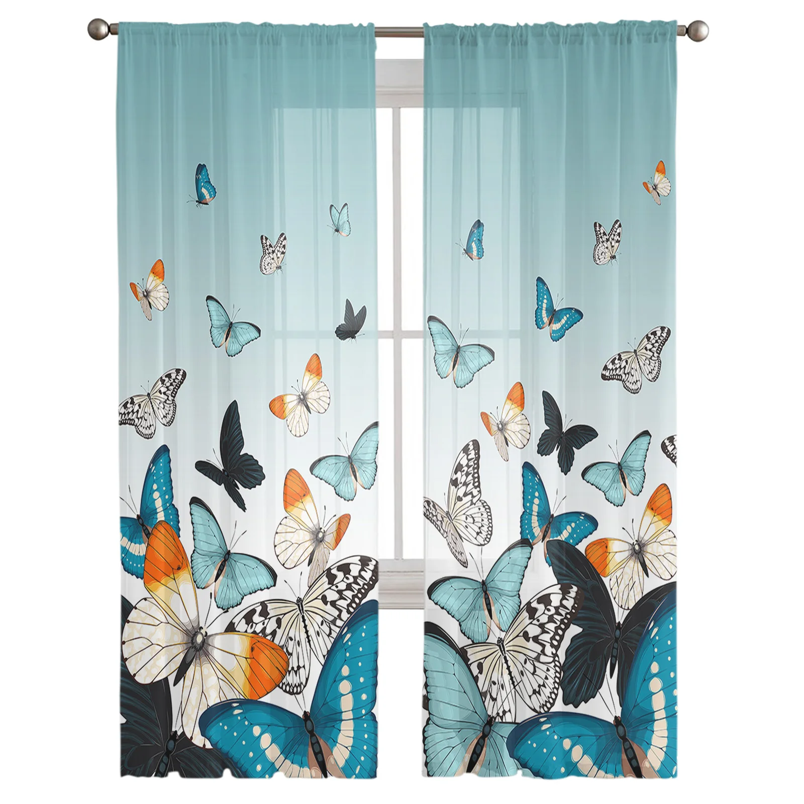 Pastoral Butterfly Water Duck Green Gradient Sheer Curtains Bedroom Living Room Voile Window Curtains Tulle Curtains Kids Room