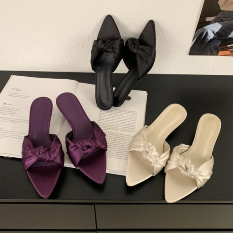 

New Summer New Fairy Style Bow Round Head High Heel Slippers French Open-toed Women's Slippers