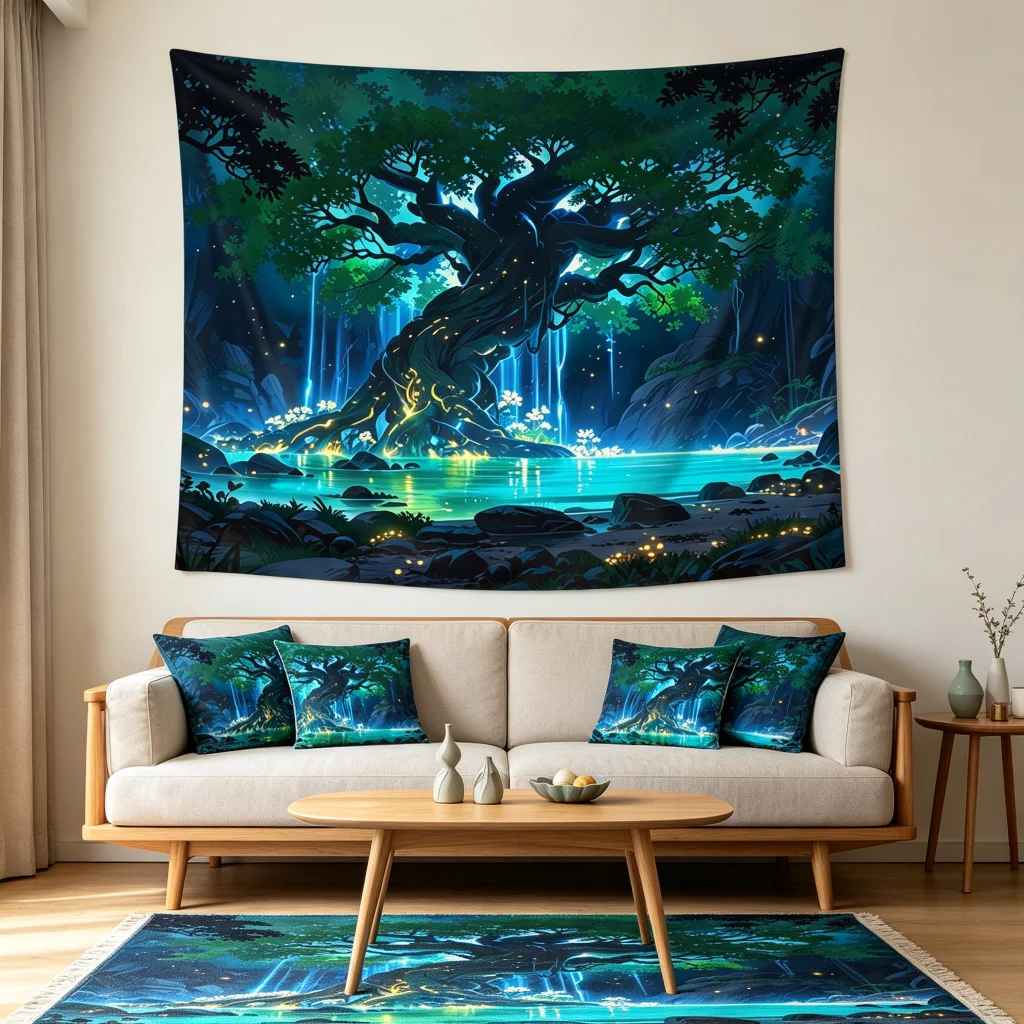 1PC Fantasy Blue Tree Lake View Print Backdrop Banner, Bedroom Living Room Photo Background, Polyester, Home Decor, Wall Art