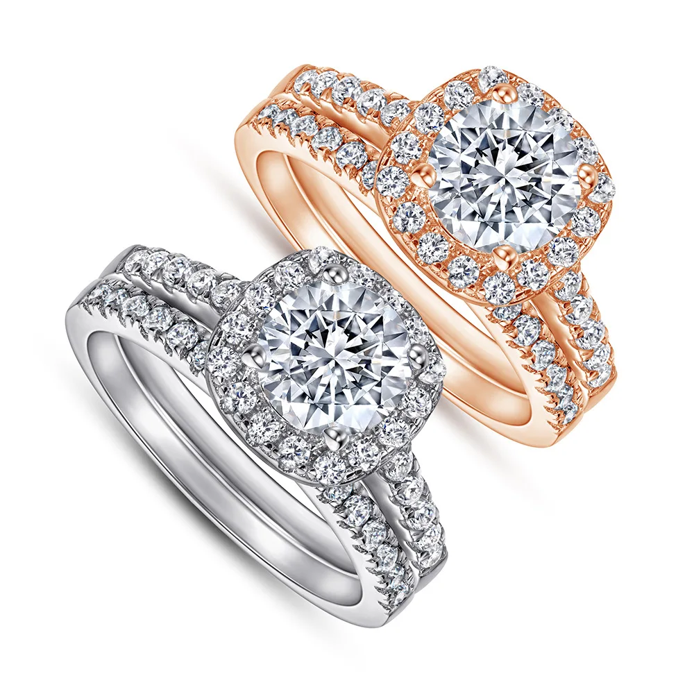

2Pcs Wedding Rings for Women Solid 925 Sterling Silver Engagement Ring Bridal Set 1.2ct Halo Round Cut AAAAA CZ Cubic Zircon