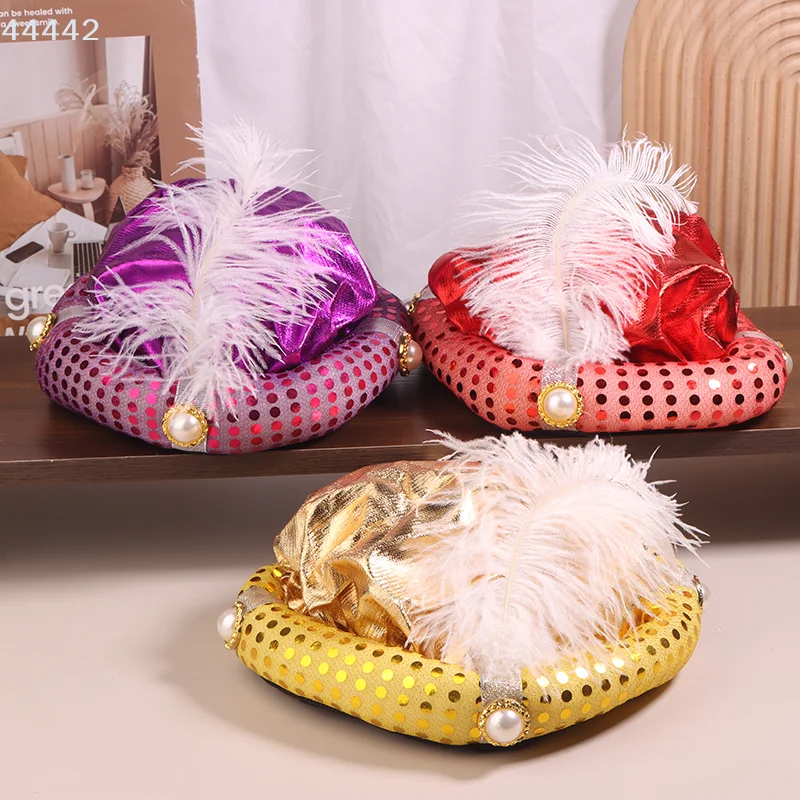 

Character Play Aladdin Hat with Feather, Men's Sultan Style Ethnic Headwear
