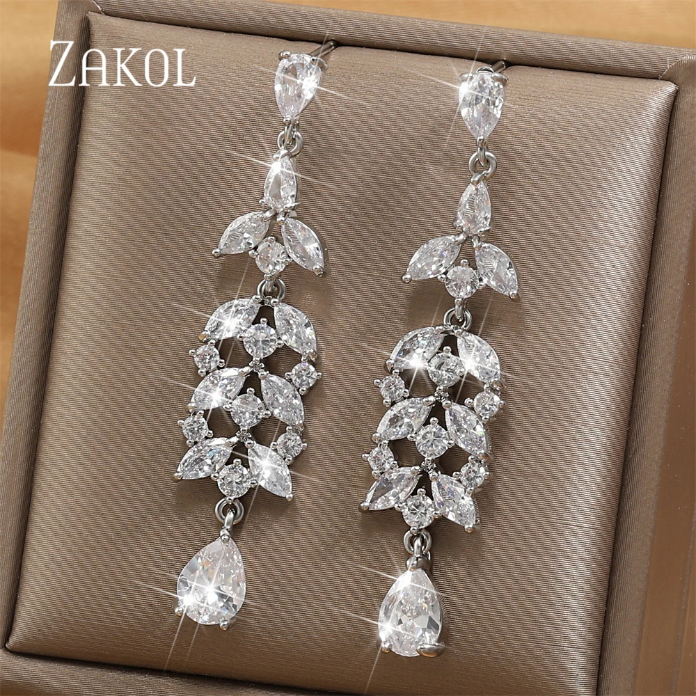 ZAKOL Flower Zircon Pendant Earrings For Women Fashion New Long Crystal Tassel Drop Earrings Wedding Dress Jewelry Gifts