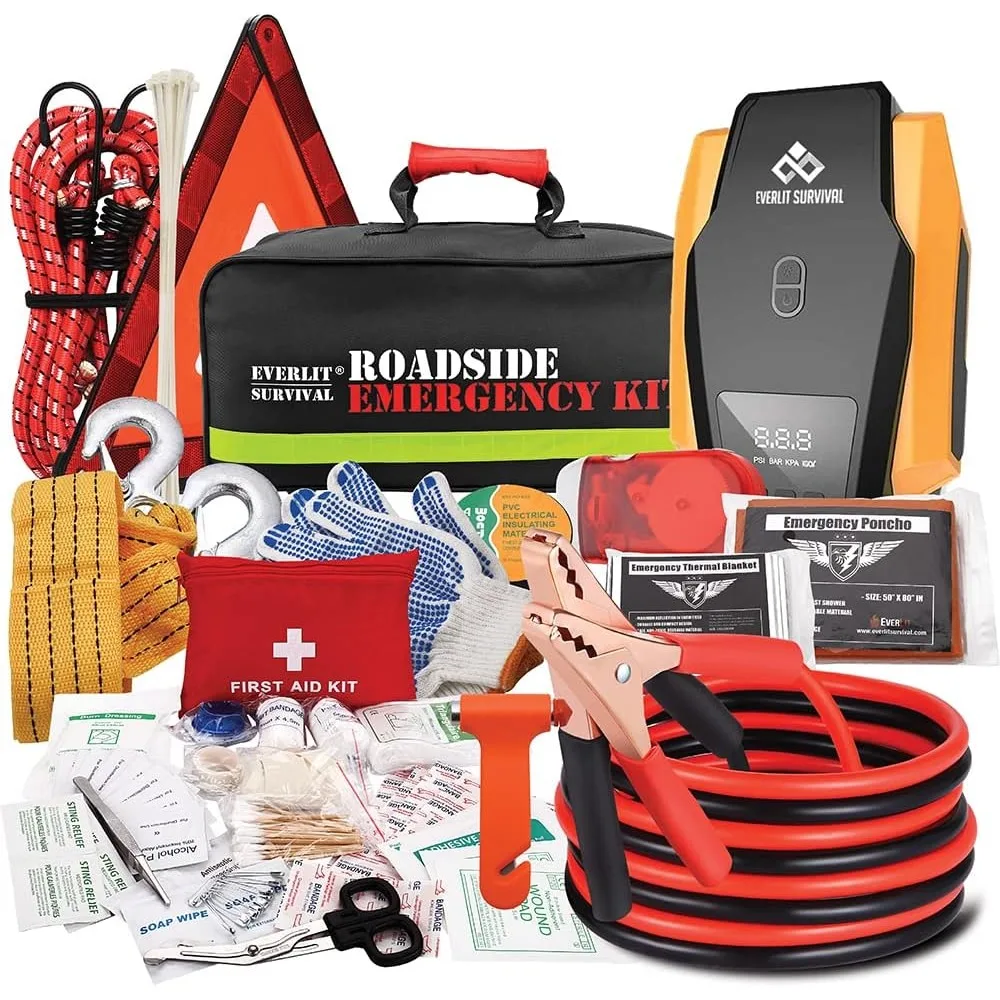 

Survival Car Emergency Kit with Tire Inflator First Aid Jumper Cables Tow Strap Flashlight Gloves for Men Women Teens