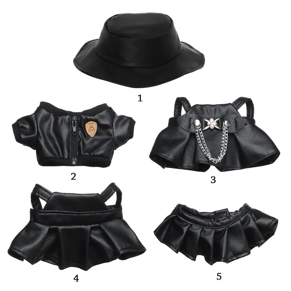 Black Doll Overalls Skirt Suit 20cm Cotton Doll Outfit Accessories Idol Doll Overalls PU Leather Jacket Plush Doll\'s Clothes