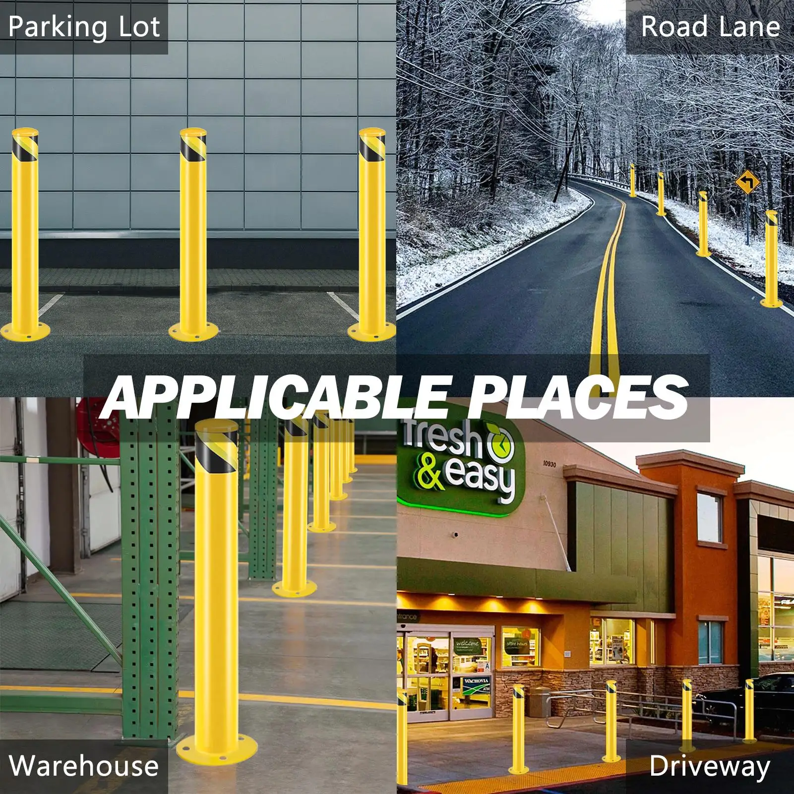 Safety Bollard Post, 42 Inch Height Steel Bollards, 3.5 Inch Diameter Parking Bollard, Yellow Powder Coated Safety Parking