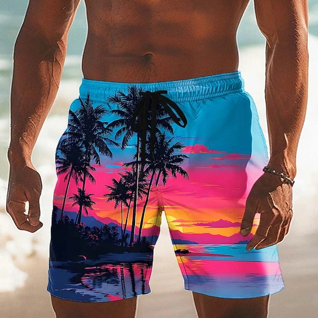

Tropical Sunset Palm Tree Graphic Beach Shorts For Men, Quick Dry 3D Print Swim Trunks, Summer Casual Drawstring Board Shorts