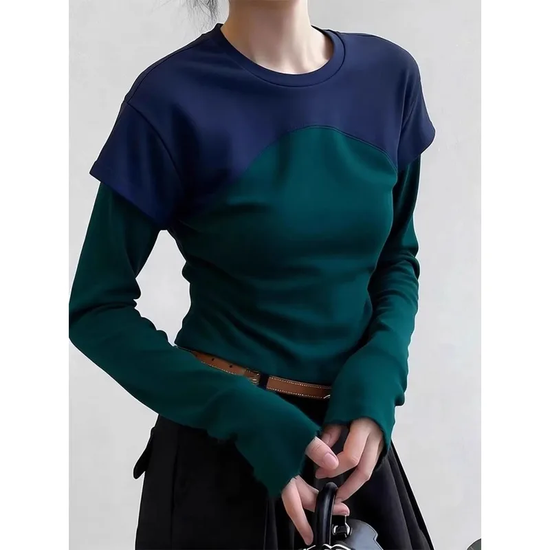 نسخة وهمية قطعتين المتناقضة اللون الربط قاع قميص طويل الأكمام تي شيرت المرأة الخريف الشتاء جديد تنوعا
