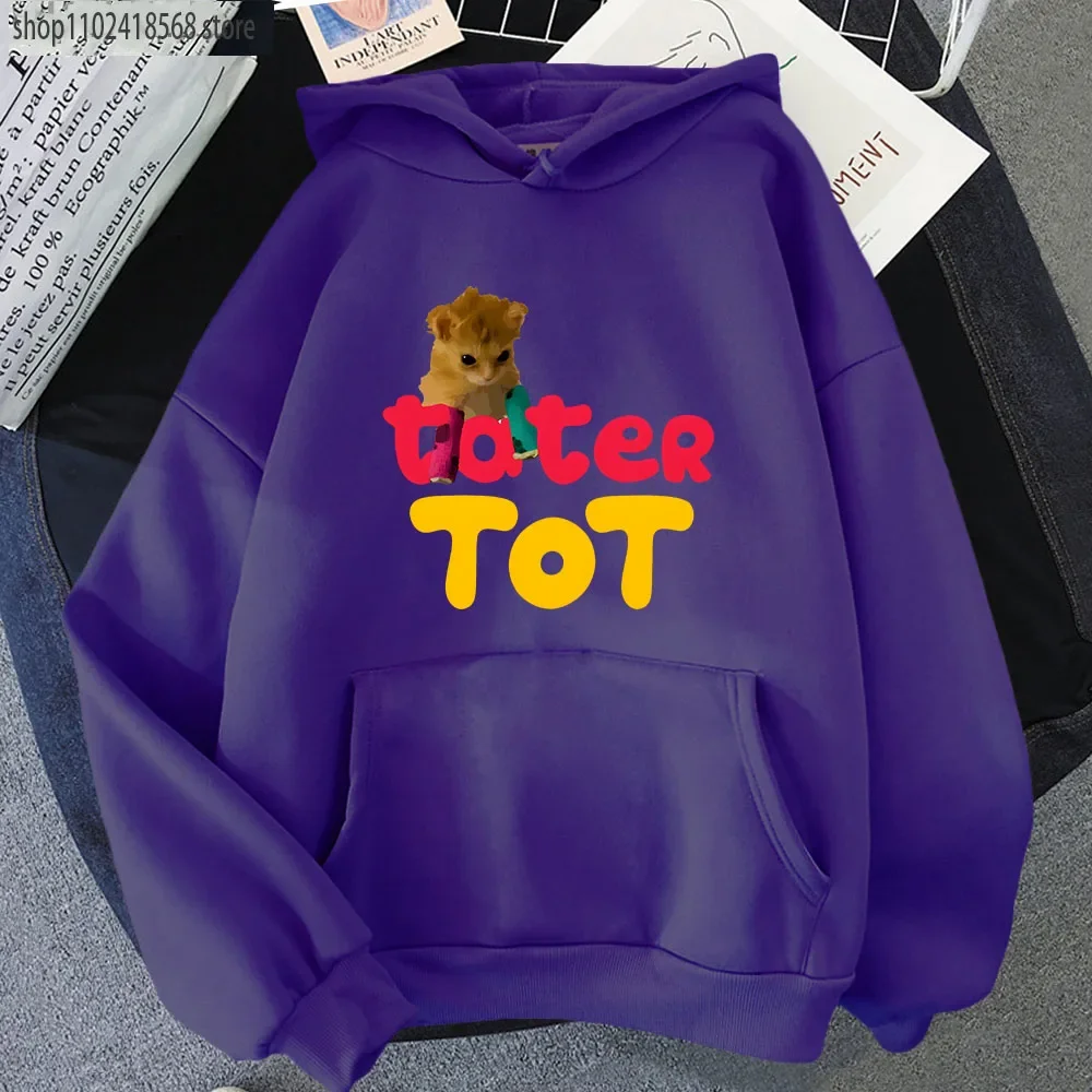 Cute Cartoon Cat Hoodie Tater Tot Sweatshirt Kawaii Animal Print Clothes Autumn Winter Pullover Women Casual Y2k Streetwear Men