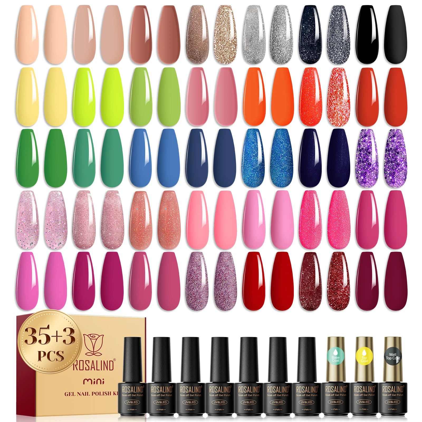 ROSALIND Mini 35-Farben-Gel-Nagellack-Set, Soak Off Hybrid Semi Permanent UV mit Basis Top Coat Nail Gift Box Set