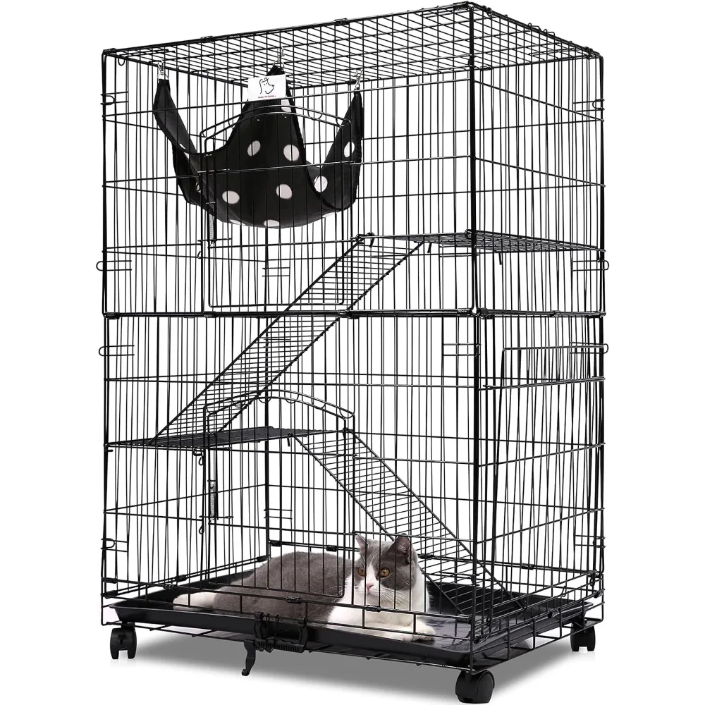 

PET INC Folding Wire Cat Ferret Habitat Crate with Casters,Collapsible|Foldable|Lockable Tray and Hammock, 30", Black