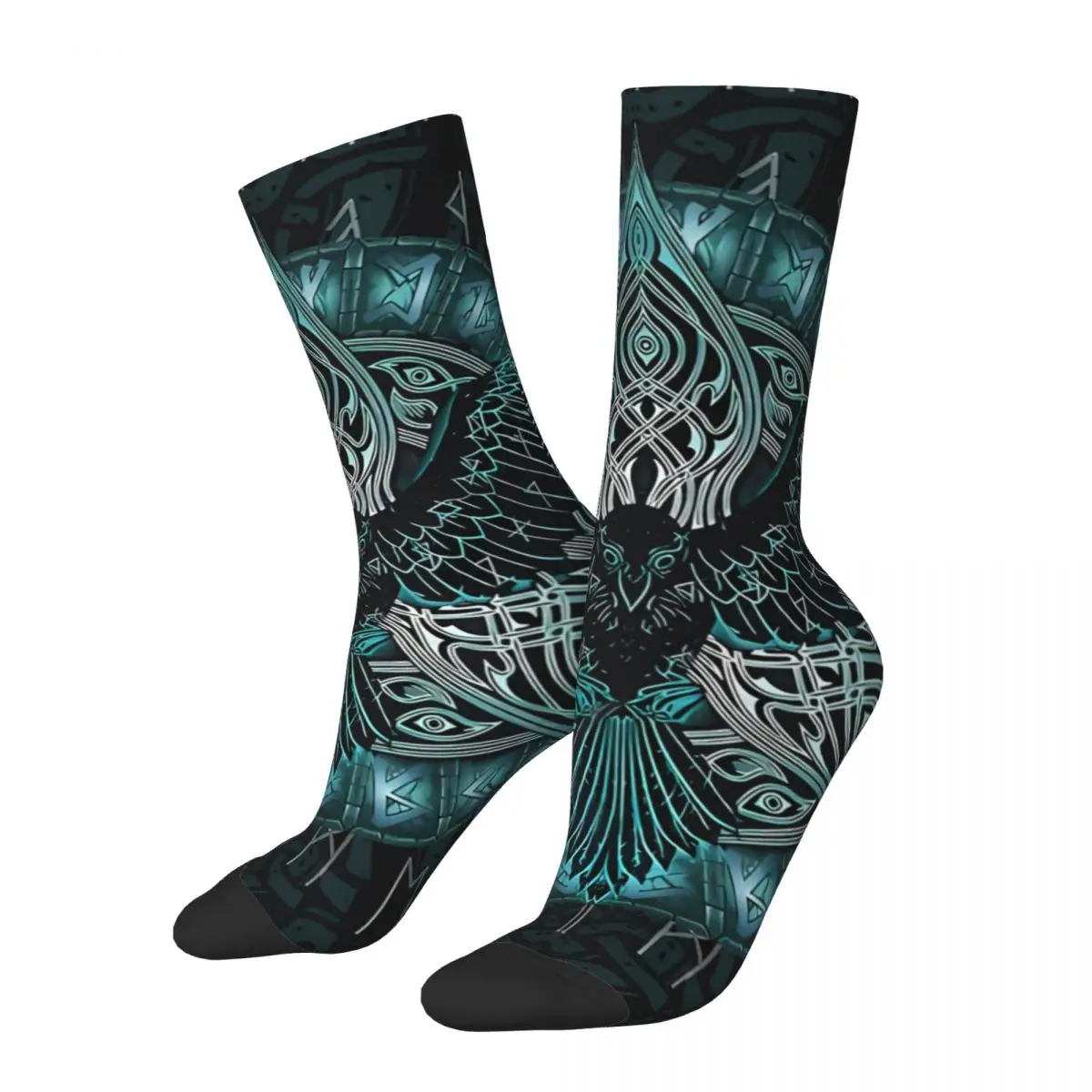 Vintage Raven Viking Runes Men's Socks Viking Mythology Unisex Novelty Pattern Printed Happy Crew Sock Gift