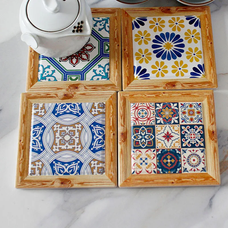 Bohemian Square Vintage Insulated Mat Floral Tile Ceramic Coffee Coaster Table Decoration Ornament