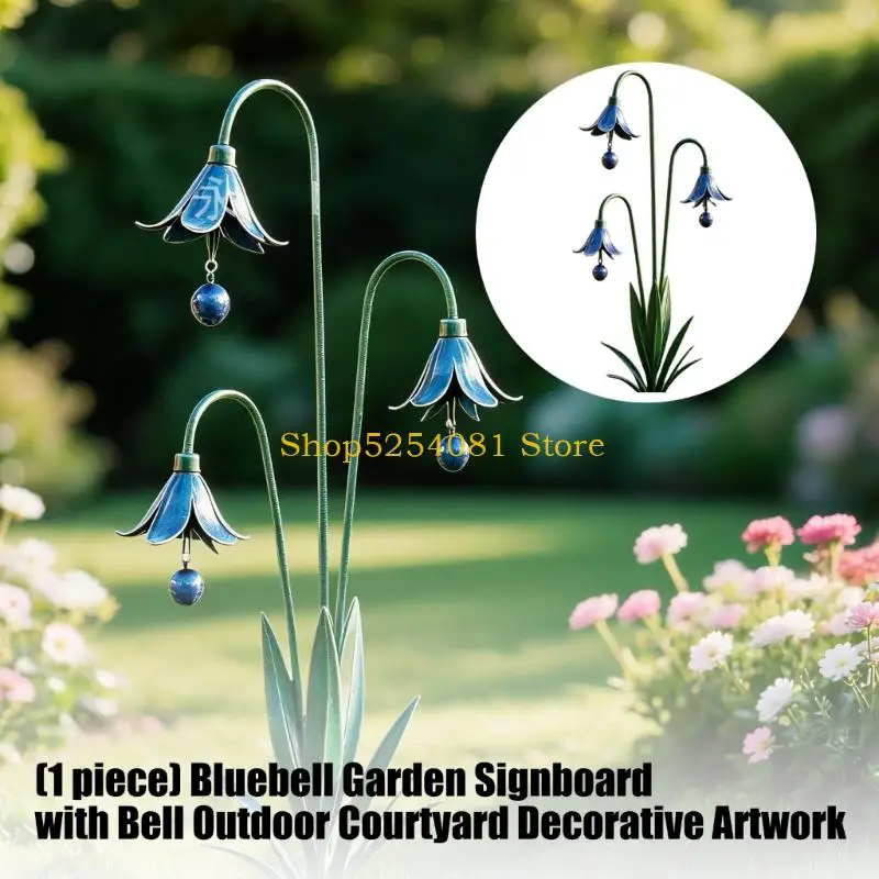 AXYC Metal Flower Garden Stake, Iron Yard Piece with Blue Flower Design, 26.38 x 12.99 In Ground Insert for Outdoor Lawn Use and