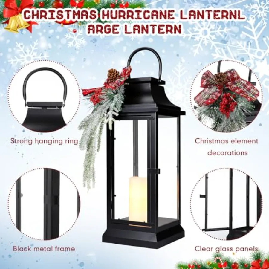 Lanterne natalizie grandi da 24 pollici con pannelli in vetro e nastro decorativo rosso per uso esterno e interno Appendere in metallo nero