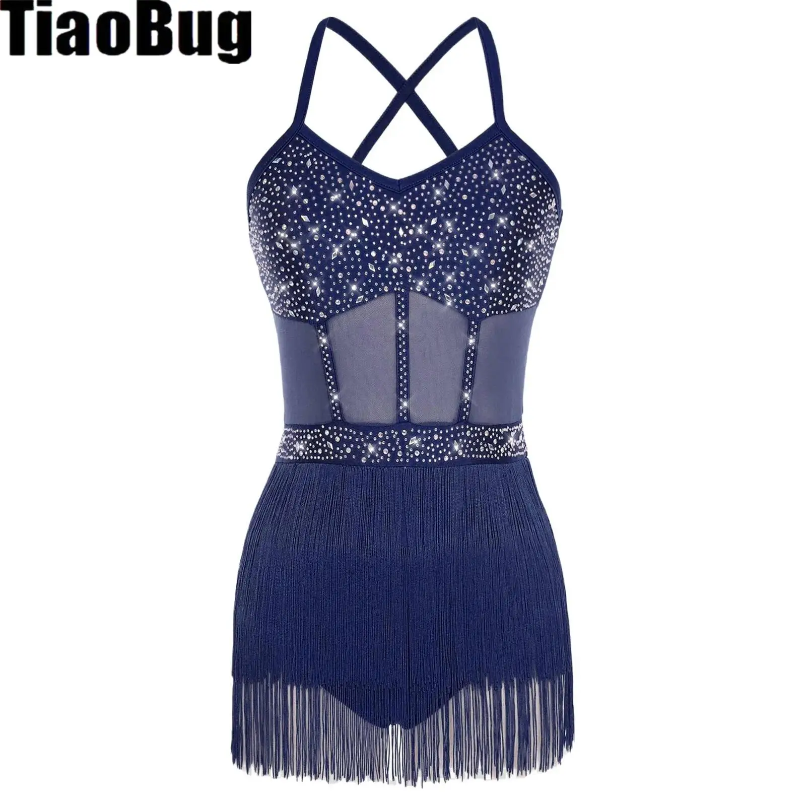 Women Latin Dance Leotard Dress Rhinestone Cha-cha Samba Tango Costumes Sheer Mesh Tassel Fringe One Piece Bodysuit Dancewear
