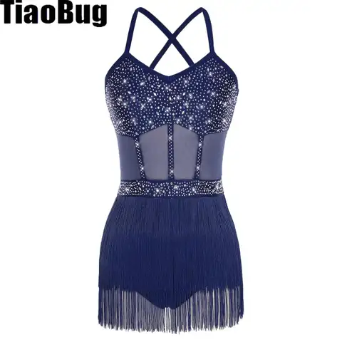 Women Latin Dance Leotard Dress Rhinestone Cha-cha Samba Tango Costumes Sheer Mesh Tassel Fringe One Piece Bodysuit Dancewear