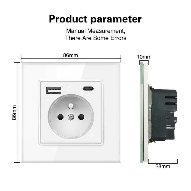 UBARO France Standard  Home Outlet With USB Type C Electrical Plug White Tempered Glass Panel Single Wall Socket 110-250V 16A