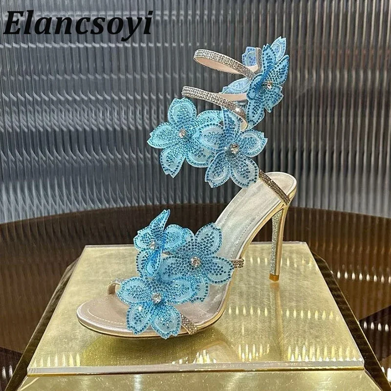 2026 New Slimming High Heel Sandals Solid Color Shining Rhine Stone Flower Serpentine Summer Sexy High Heel Fairy Party Sandals