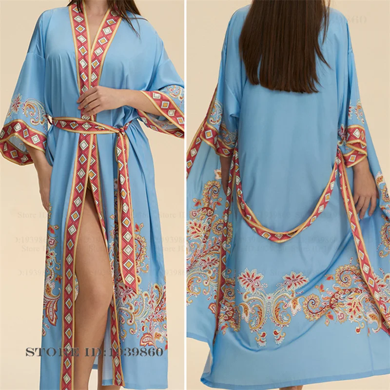 

Plus Size Female Long Robe Nightgown Half Sleeve Kimono Gown Cardigan Bathrobe Sexy Print Floral Sleepwear Loose Homewear Pajama