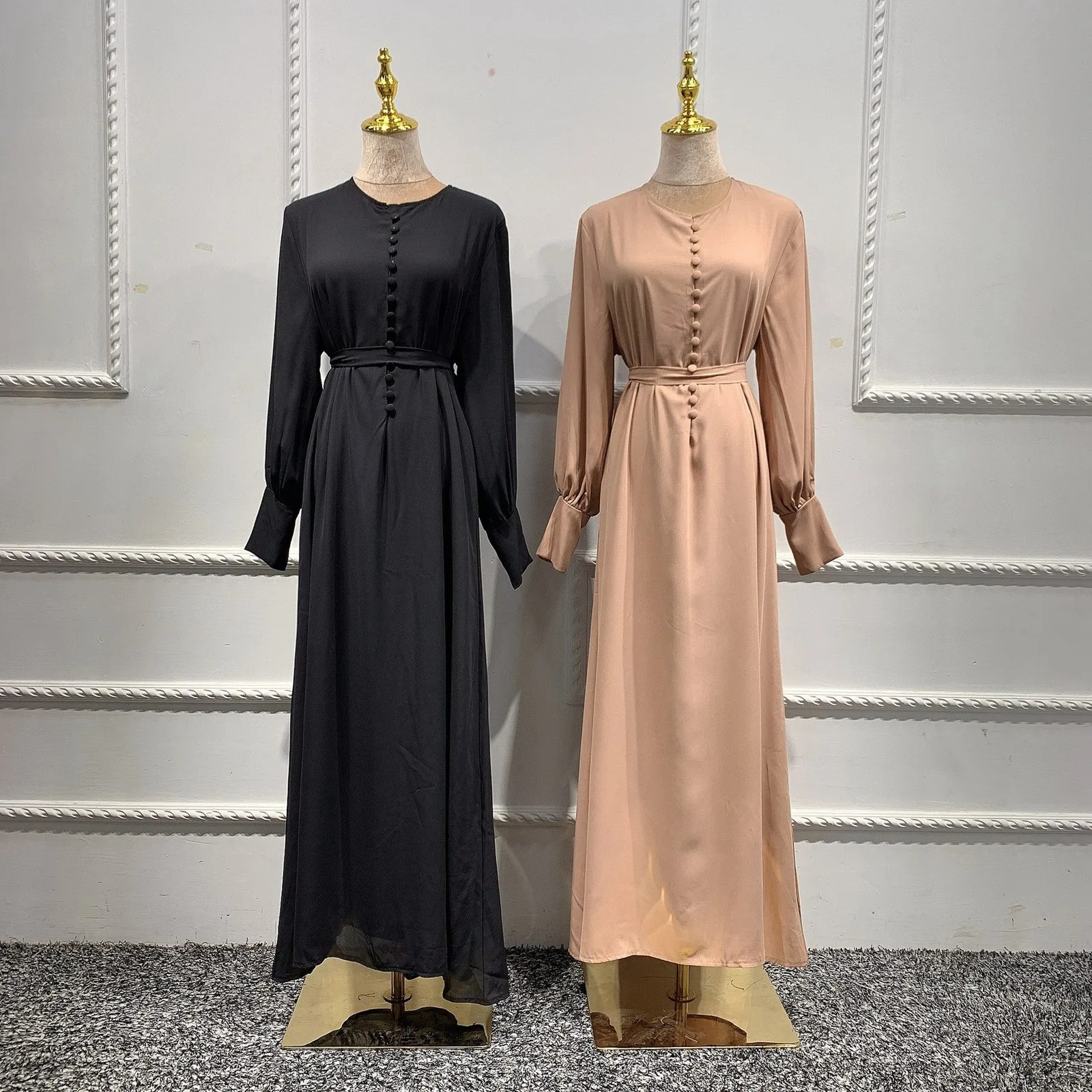 Chiffon Muslim Dress Dubai Turkish Muslim Abayas Solid Color Robes Women Long Sleeve Single Breasted Abays Islamic Clothing