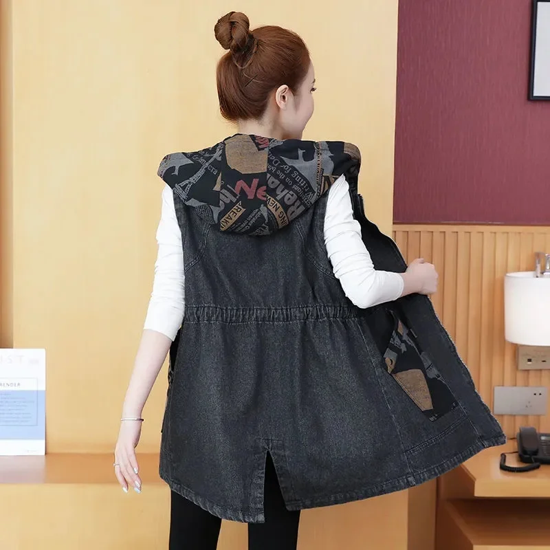 Chaleco con capucha a juego para mujer, chaqueta vaquera informal holgada de longitud media, versión coreana, primavera y otoño, M836, 2022