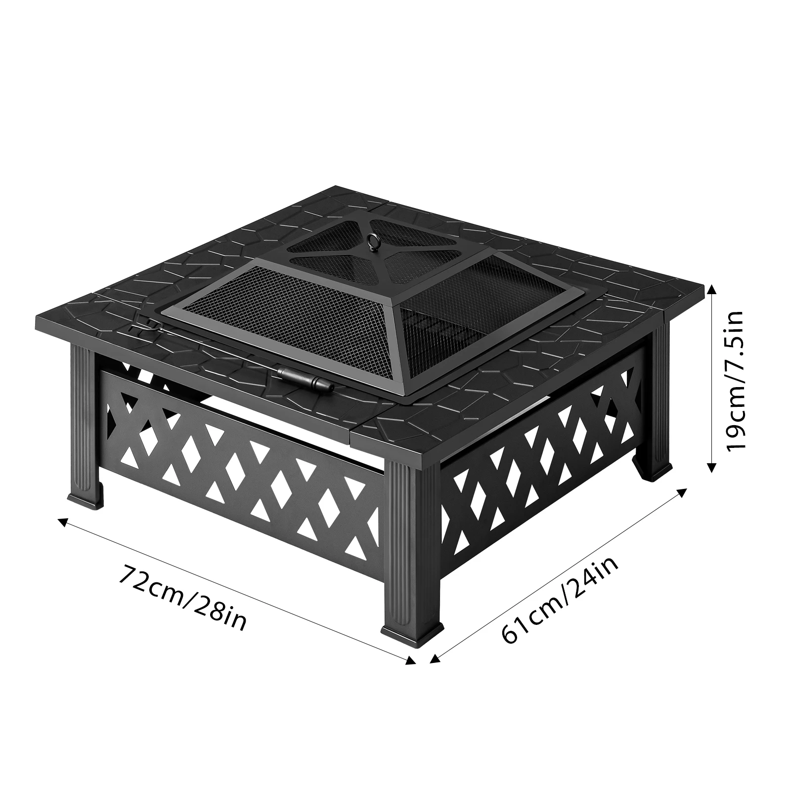 32 Inch Square Outdoor Wood Burning Fire Pit Table, Heavy Duty Wrought Iron Firepit with Pyramid Spark Screen Lid & Fire Poker, Decorative Diamond Cutout Patio Fire Pit for Backyard, Garden, Lawn and Camping, Black