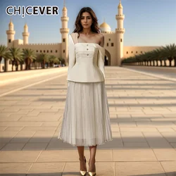 CHICEVER Elegant Two Piece Set For Women Diagonal Collar Long Sleeve Tunic Top High Waist A Line Skirt Slimming Chic Sets Female