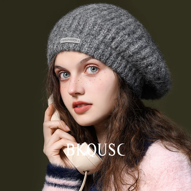 

BKQUSC Soft Coarse Wool Knitted Beanies Hat Elastic 60cm Head Winter Warm Solid Color Stylish Label Artist Knitting Berets Hat