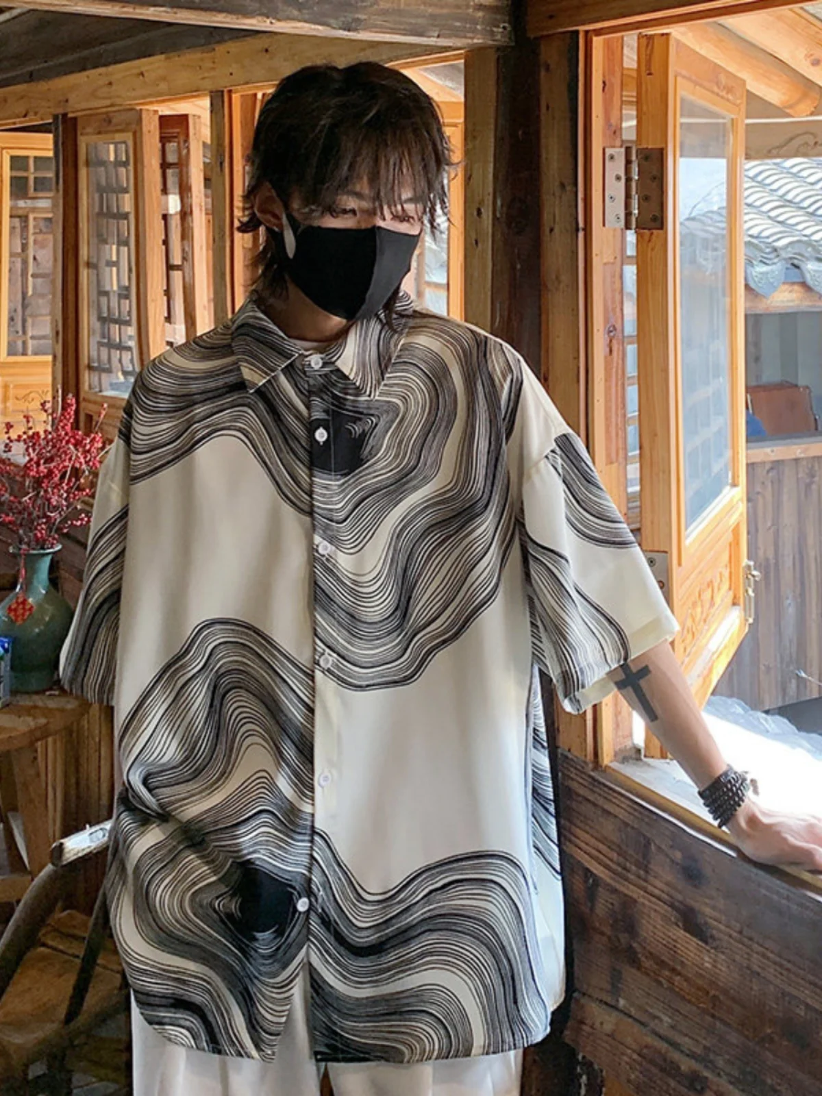 

Мужская летняя тонкая свободная рубашка из ледяного шелка с отложным воротником, в стиле ханьфу/танский костюм, свободный крой, молодежная модель