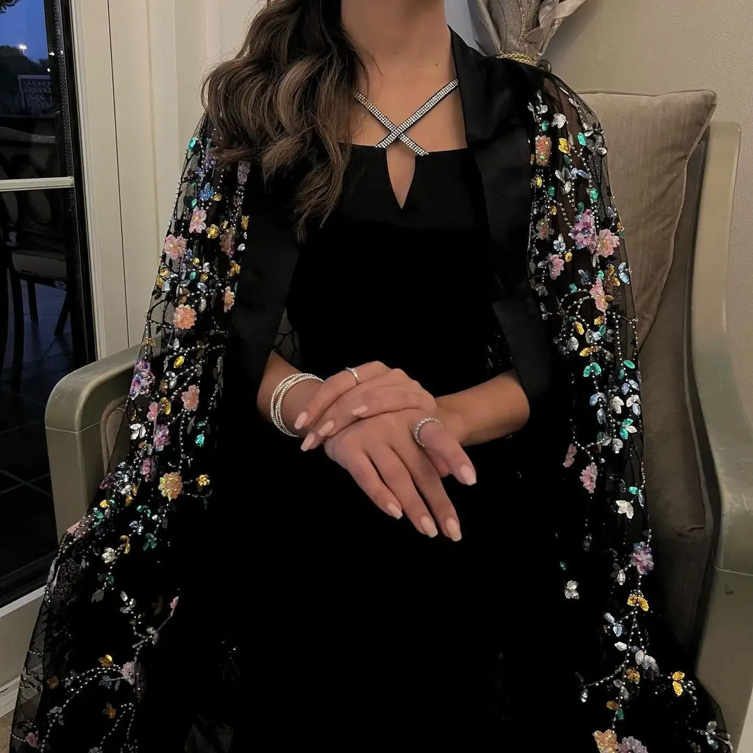 Robe de soirée formelle personnalisée pour femmes, ensemble deux pièces, fleurs 3D, paillettes, robe de bal, Cape, longueur cheville, robe de soirée noire