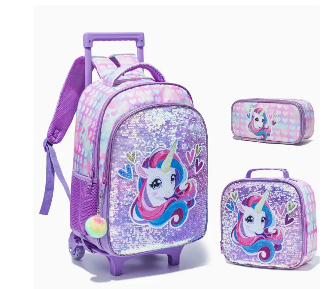 

Детский рюкзак-чемодан на колесиках с принтом единорога и пайетками, 3 предмета в комплекте, для девочек