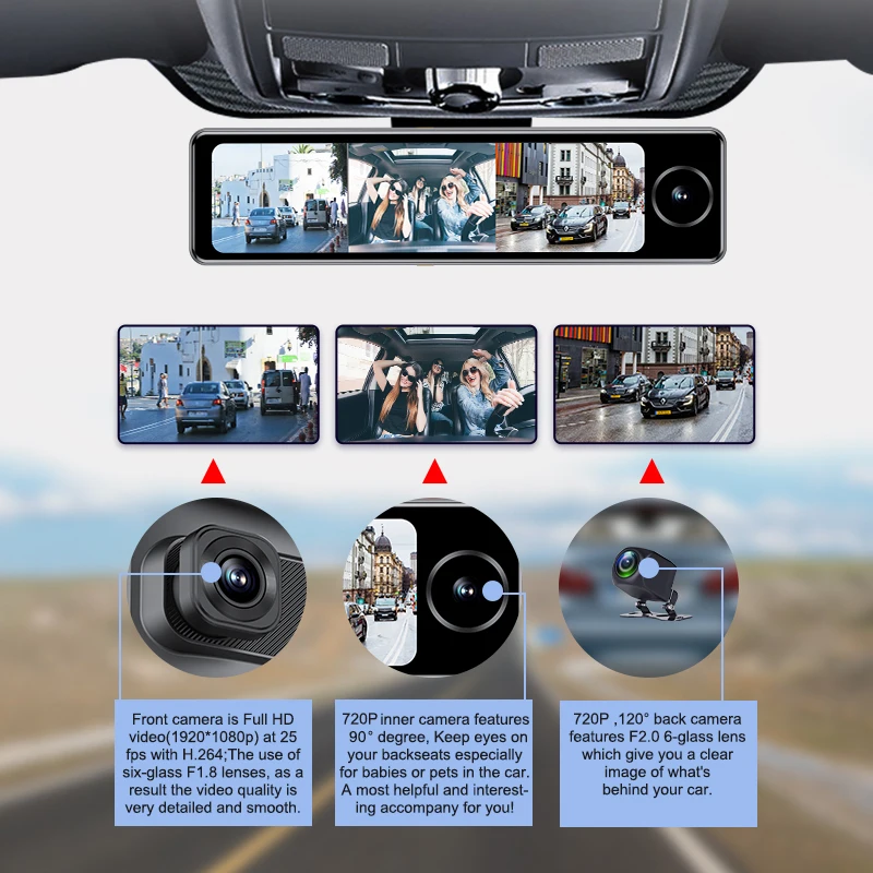 3CHs 4g car camera android 8.12+32 with special mount ADAS support 256g card 4g live streaming 4g mirror car black box