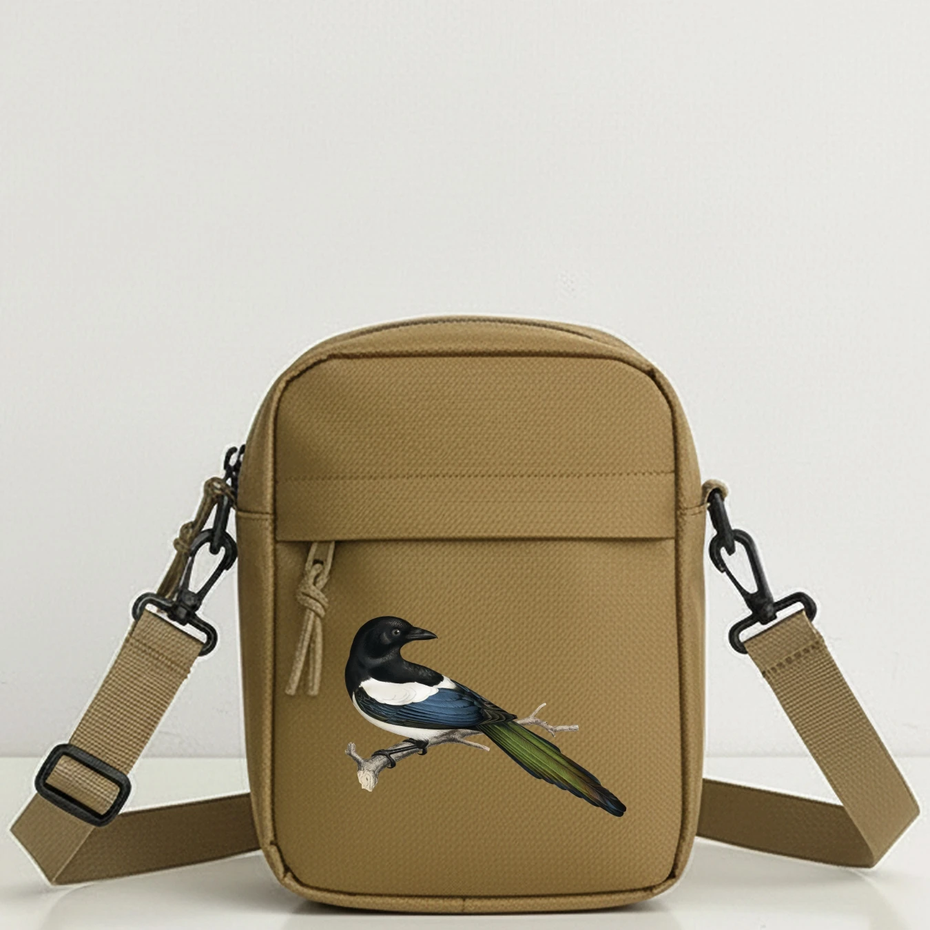 Magpie Print Oxford Shoulder Bag for Men Large Capacity Casual Crossbody with Removable Strap, Zipper Closure, Travel Cycling